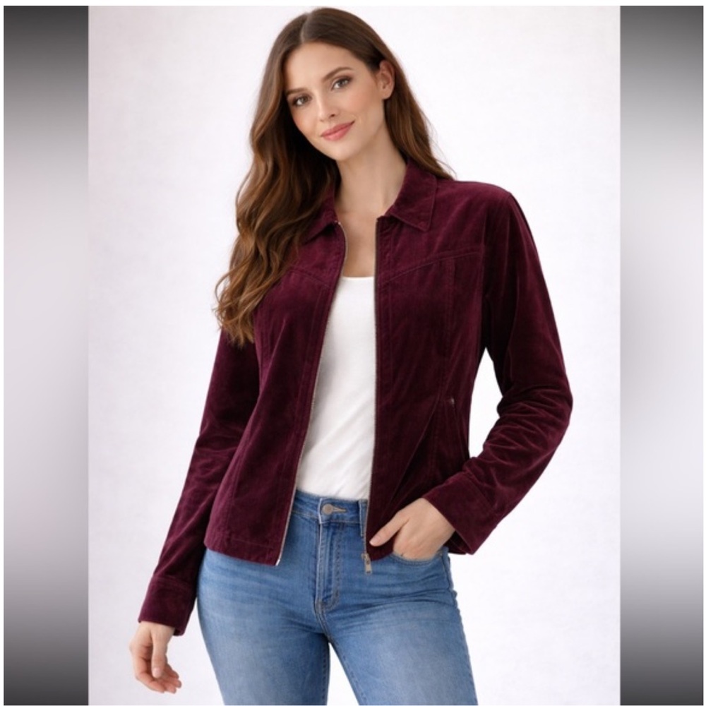 CAbi Velvet Burgundy Wine Women's Zip Jacket Medium RN54077 Winter Holiday